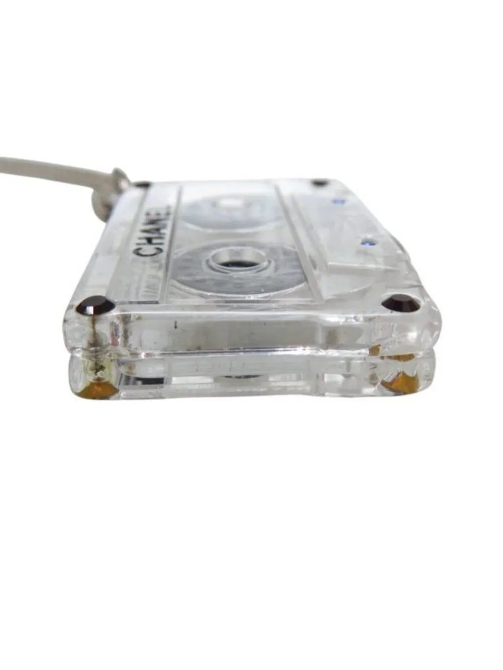 Chanel Cassette Tape Rhinestone Necklace Plastic Clear 1434